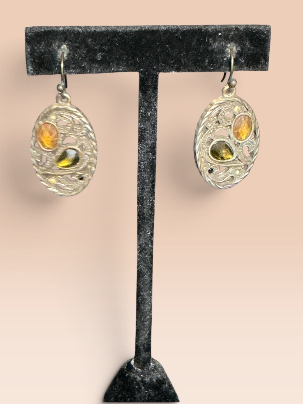 Sterling Silver Filigree Drop Earrings with Yellow and Orange Stones